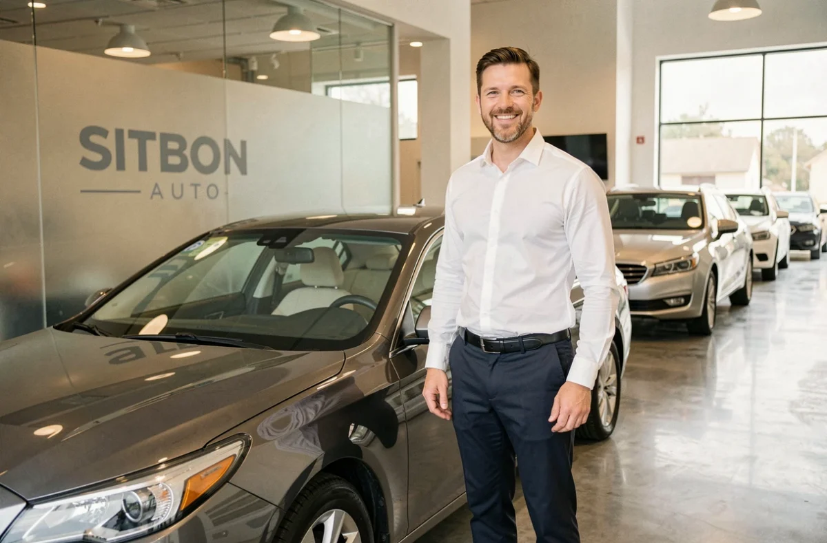 Vendeur chez Sitbon Auto en chemise blanche debout à côté d'une berline d'occasion dans un showroom moderne