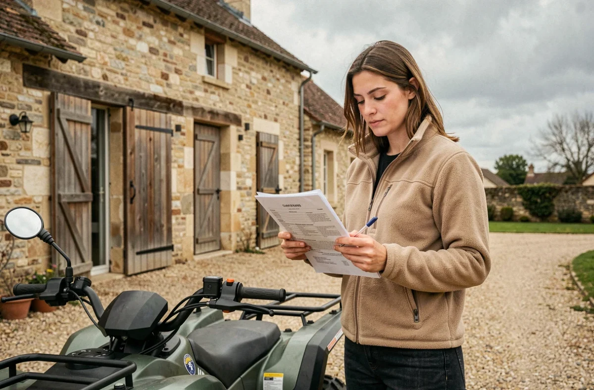 Femme consultant un contrat d'assurance quad devant un bâtiment rural, démarches de souscription assurance quad