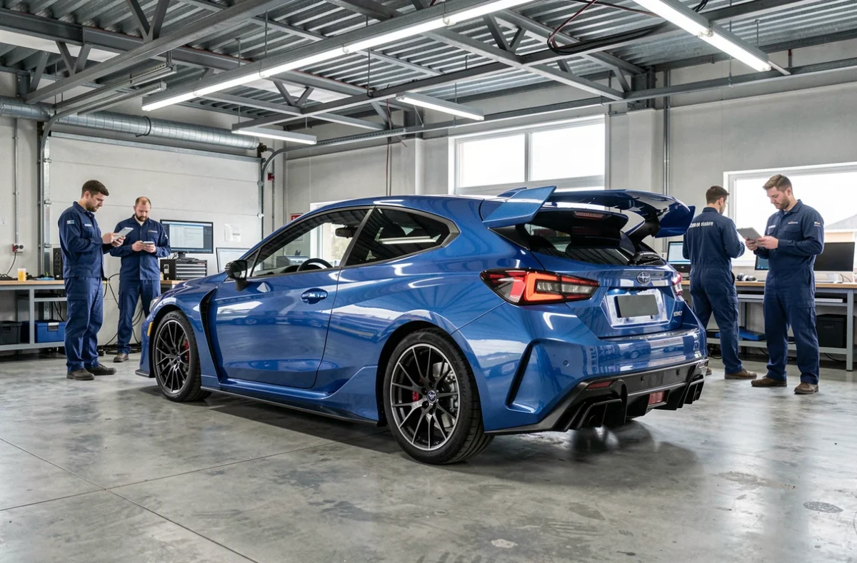 Concept hybride de rallye aux lignes Subaru dans un atelier d'ingénierie automobile moderne avec ingénieurs en arrière-plan