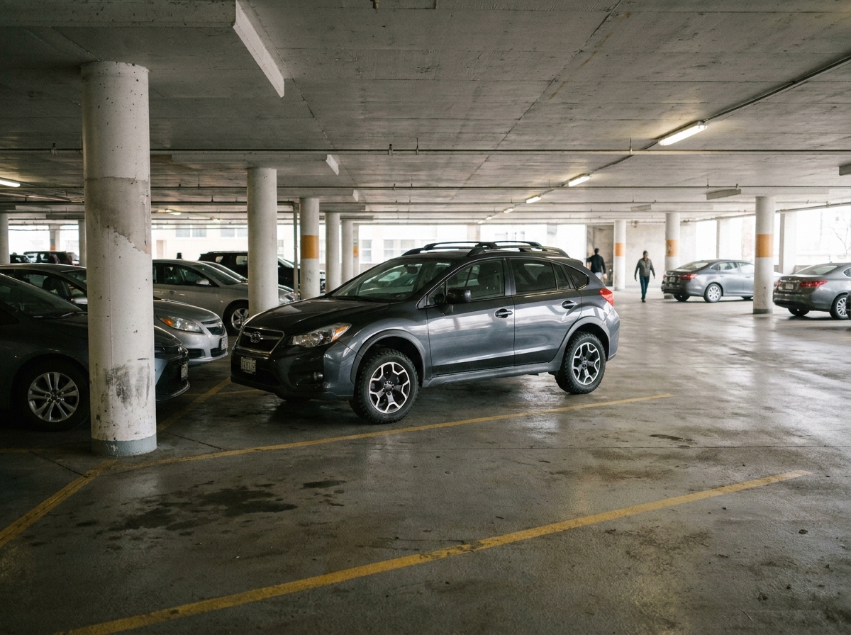 SUV compact garé dans un parking urbain entouré d'autres véhicules, illustrant la popularité croissante des SUV compacts pour les déplacements en ville
