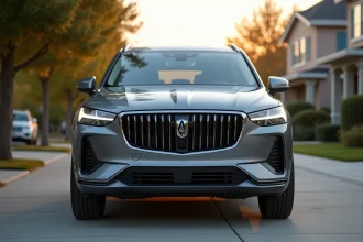 SUV familial moderne avec calandre en V chromée garé dans une allée résidentielle, prise de vue en angle trois quarts avant