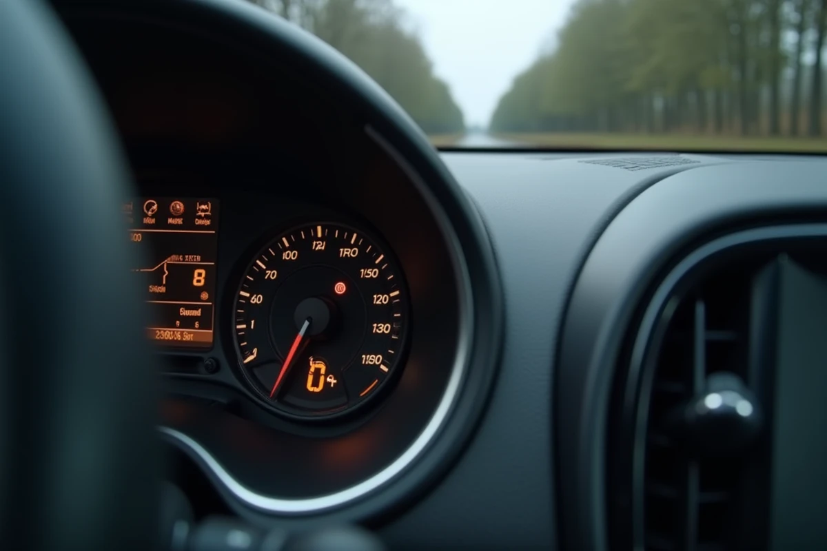 Gros plan sur le tableau de bord d'une voiture avec jauge de carburant basse et compteur kilométrique affiché