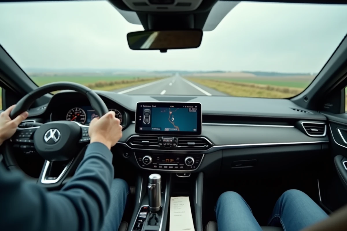 Vue intérieure d'un SUV sur autoroute avec écran de navigation affichant un itinéraire alternatif gratuit