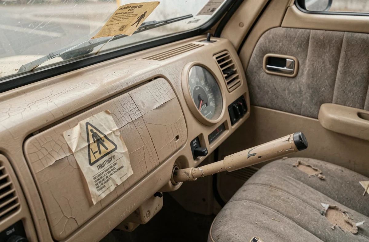 Tableau de bord abîmé d'une ancienne voiture sans permis avec plastiques fissurés, volant usé et compteur de vitesse vieilli