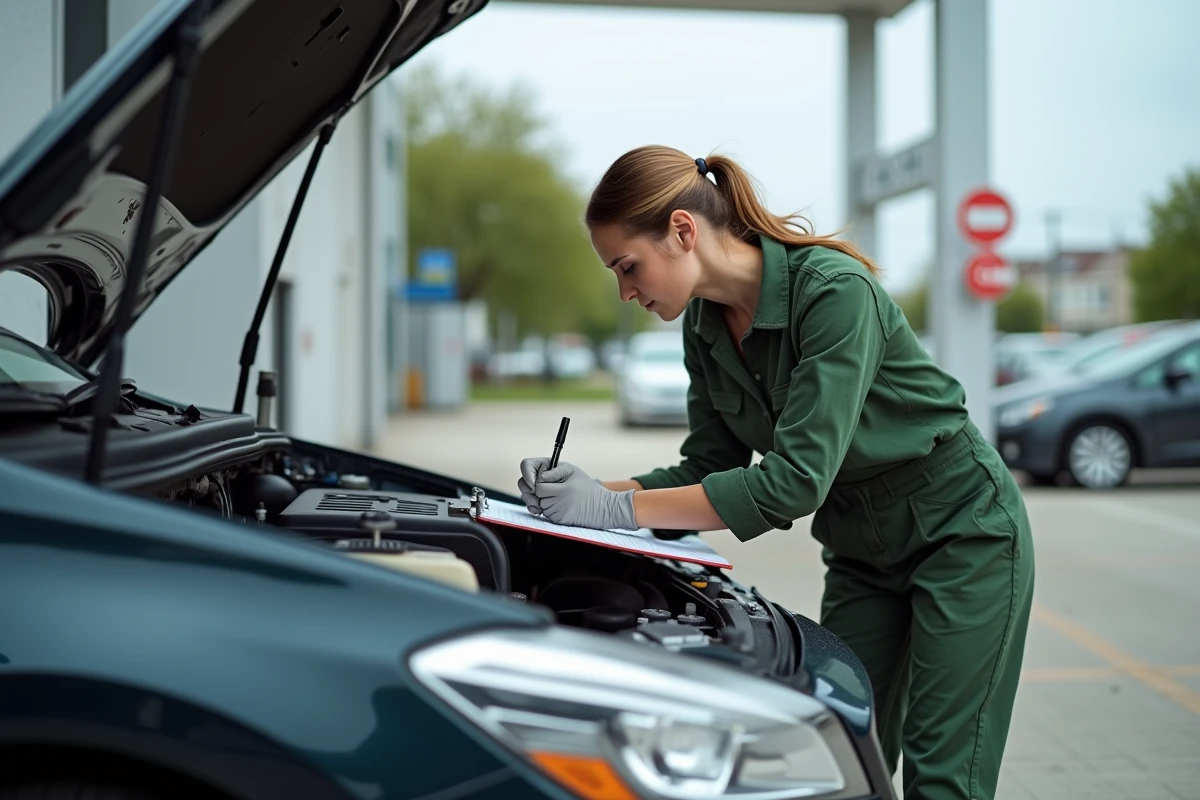 Jeune technicien en overalls vérifiant un véhicule à l extérieur