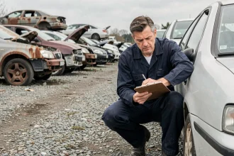Technicien de casse automobile inspectant un véhicule endommagé dans une casse auto en Essonne pour établir un devis rapide
