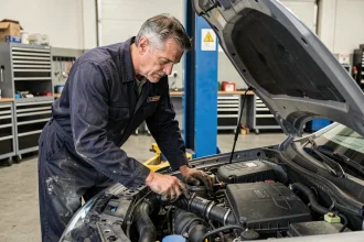 Technicien automobile inspectant le filtre à particules d'un moteur 1.5 dCi Renault dans un garage professionnel