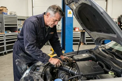 Technicien automobile inspectant le filtre à particules d'un moteur 1.5 dCi Renault dans un garage professionnel
