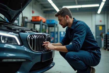 Technicien automobile connectant un outil de diagnostic OBD sur un moteur reprogrammé dans un garage professionnel