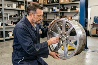 Technicien automobile inspectant une jante en aluminium rayée dans un garage de réparation professionnel