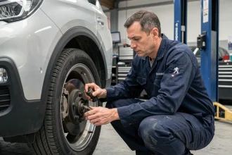 Technicien Peugeot inspectant les composants mécaniques d'un Peugeot 3008 lors d'une campagne de rappel en concession