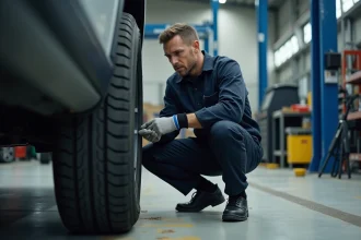 Technicien automobile lisant l'indice de charge sur le flanc d'un pneu de SUV en atelier
