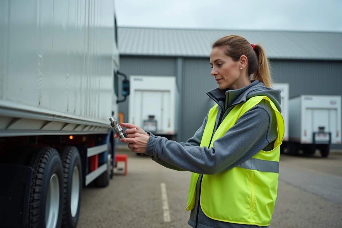 Femme technicienne comparant une pièce de rechange Erka sur l'attelage d'une remorque dans une cour logistique