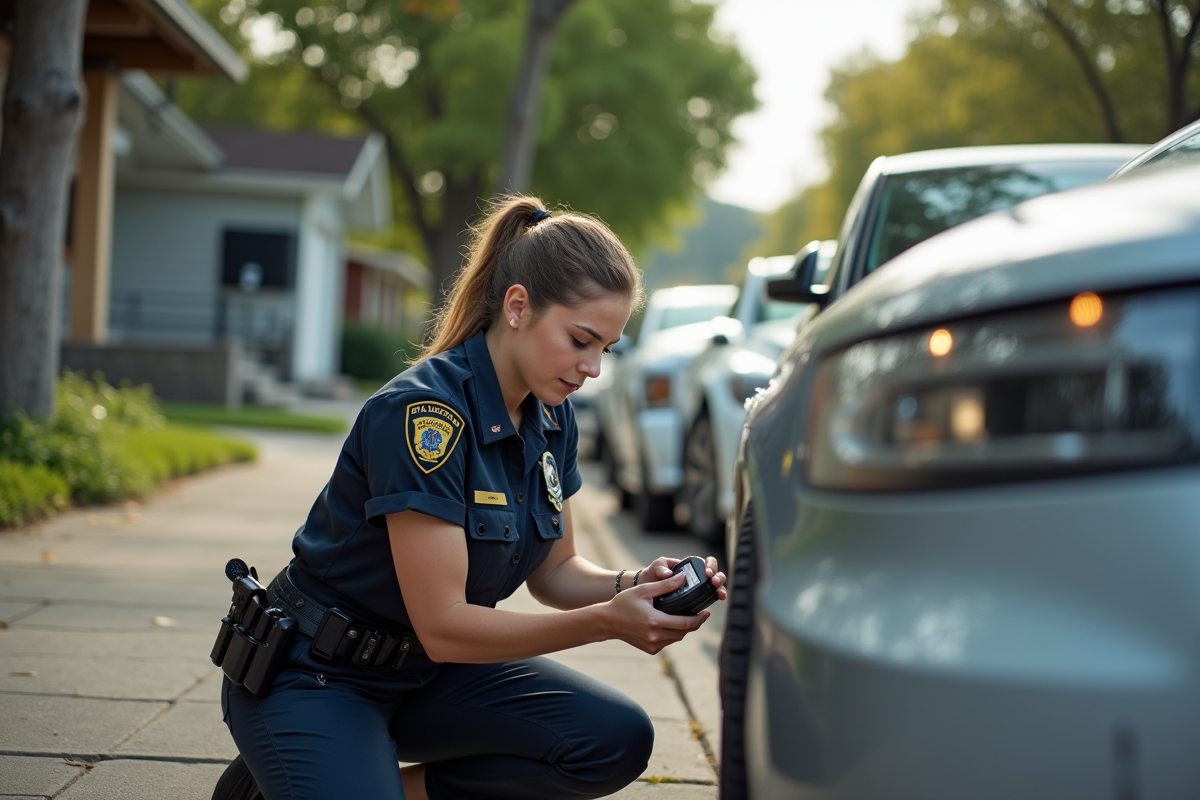 Technicienne de police scannant un véhicule avec RFID