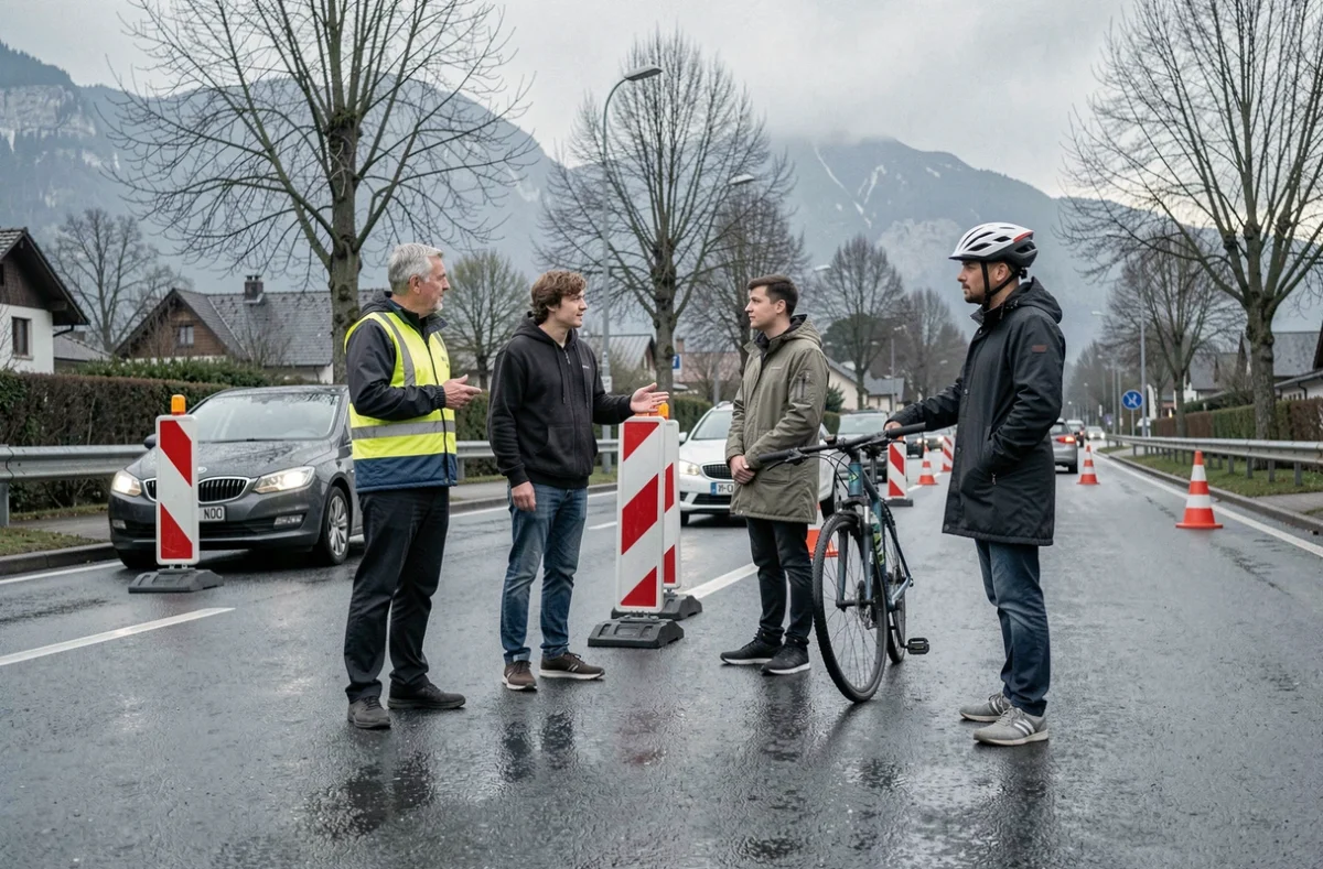 Groupe d'automobilistes et cycliste échangeant des témoignages après un accident sur une route périurbaine de Chambéry