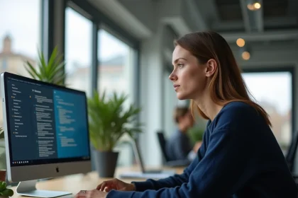 Femme traduisant une interface logicielle en français sur un grand écran dans un bureau moderne