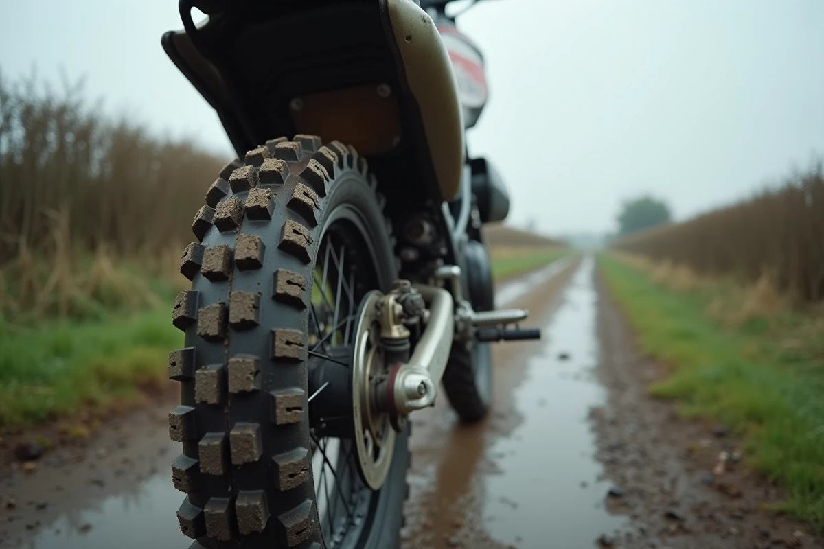 Détail d'un trail moto d'entrée de gamme avec pneus boueux et équipements basiques sur un chemin de campagne