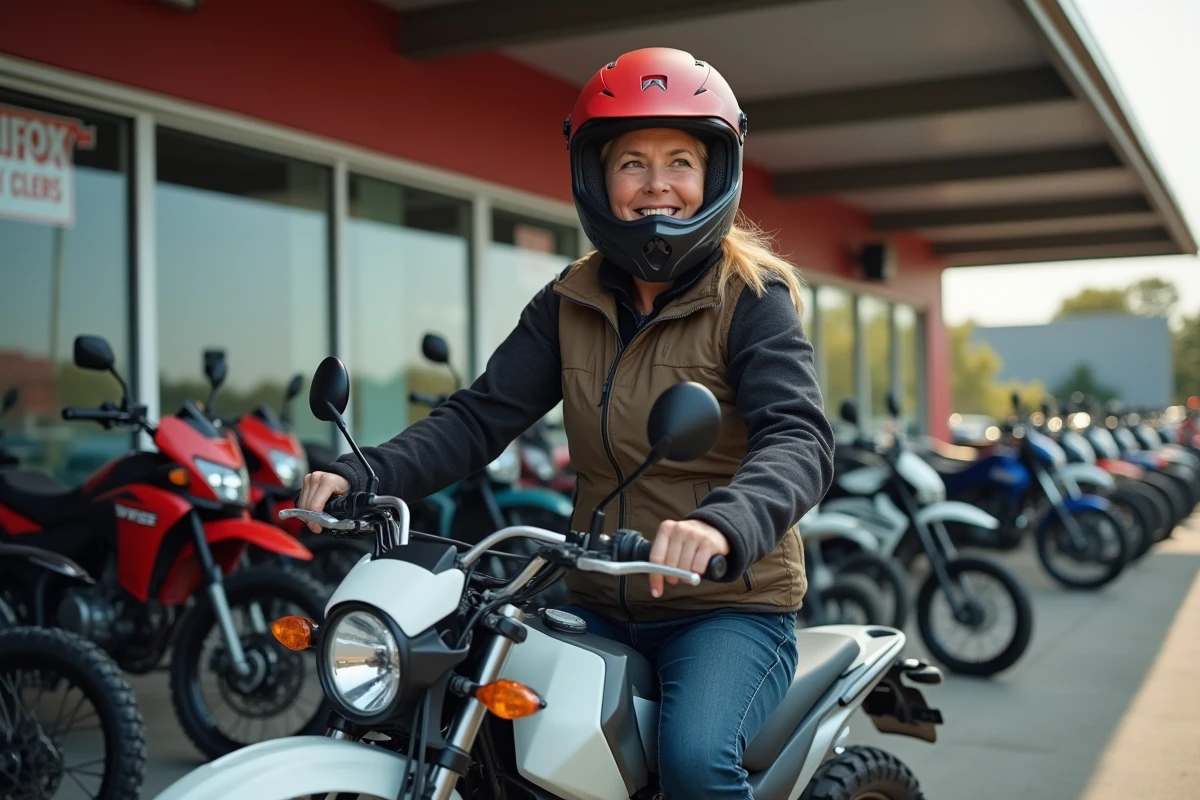 Femme motarde en équipement abordable assise sur un trail moto d'occasion dans un concessionnaire de motos d'entrée de gamme