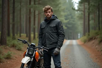 Jeune motard en équipement d'entrée de gamme posant avec un trail moto 125cc sur un chemin de gravier en forêt