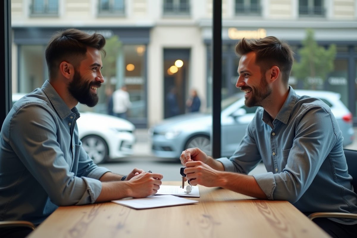 Deux hommes échangeant des clés de voiture dans un bureau moderne