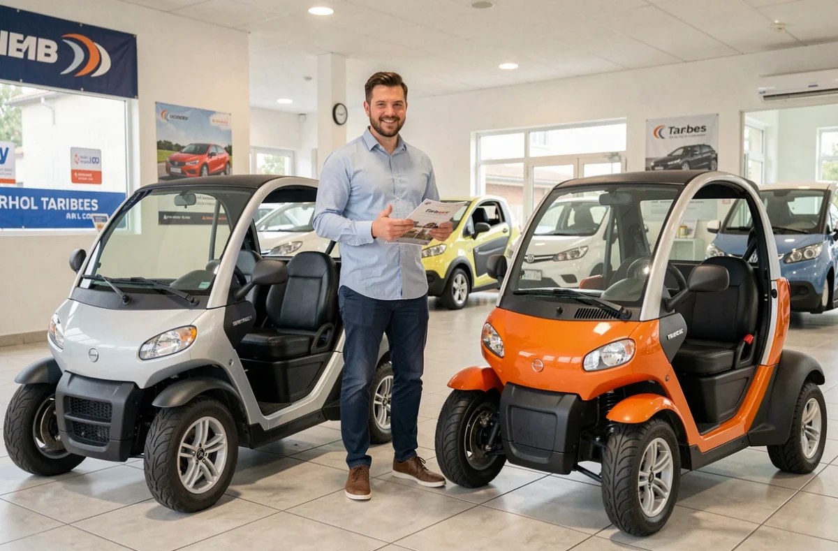 Conseiller commercial dans un showroom de voitures sans permis à Tarbes présentant différents modèles