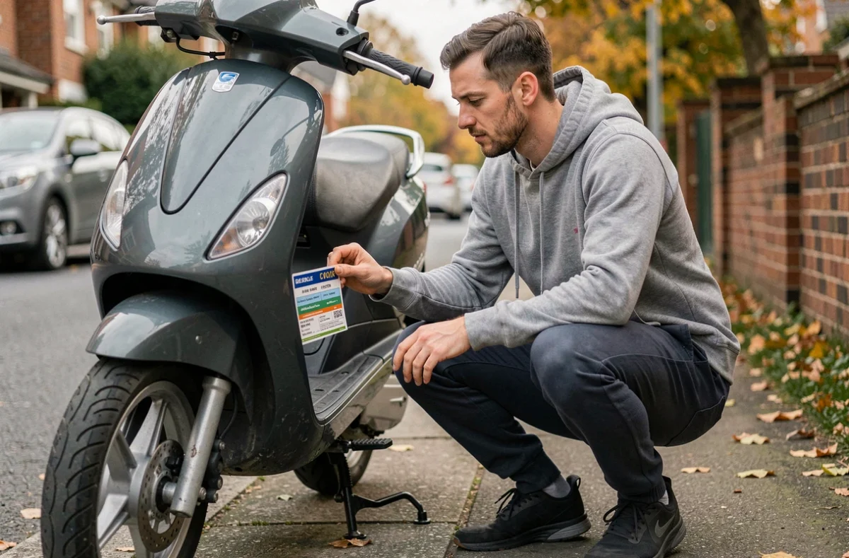 Jeune homme vérifiant la vignette d'assurance de son scooter garé dans une rue résidentielle