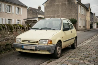 Vieille voiture sans permis jaune délavée garée dans une rue pavée française, avec de la rouille sur les portières et un pare-chocs fissuré