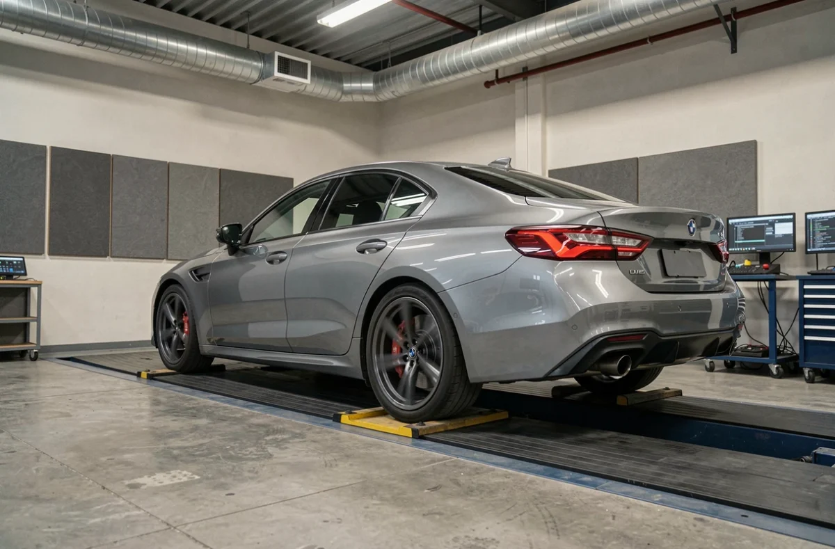 Voiture de sport sur banc de puissance dynamométrique lors d'une session de calibration après reprogrammation moteur en centre de tuning