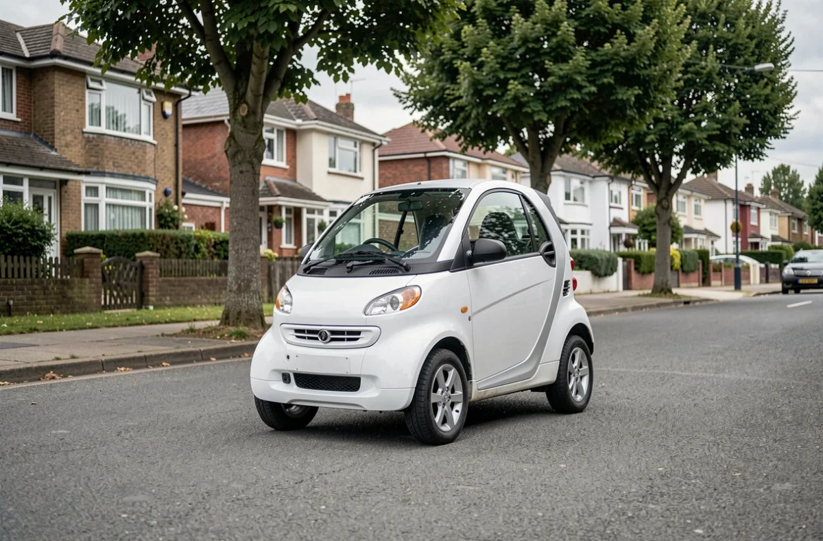 Petite voiture sans permis blanche garée dans une rue résidentielle calme