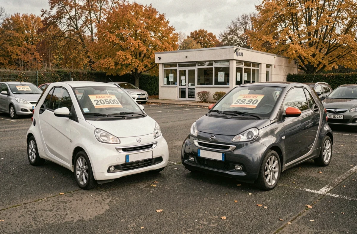 Deux voitures sans permis d'occasion exposées dans un parking de concessionnaire près d'Amiens