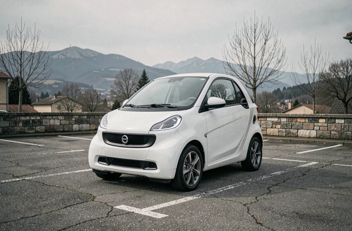 Voiture sans permis blanche garée dans un parking municipal de Tarbes avec les Pyrénées en arrière-plan