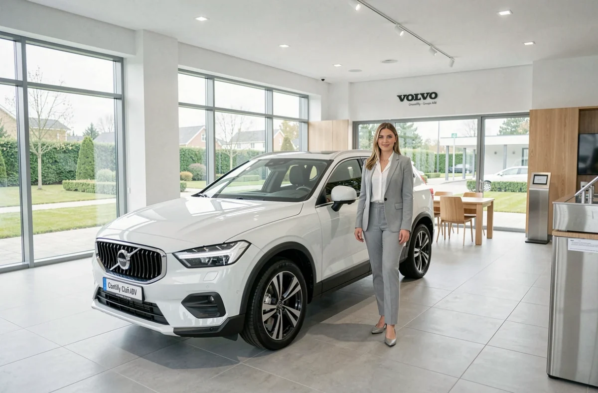 Conseillère du concessionnaire Volvo Chantilly du Groupe ABVV dans le showroom minimaliste avec une Volvo d'occasion exposée