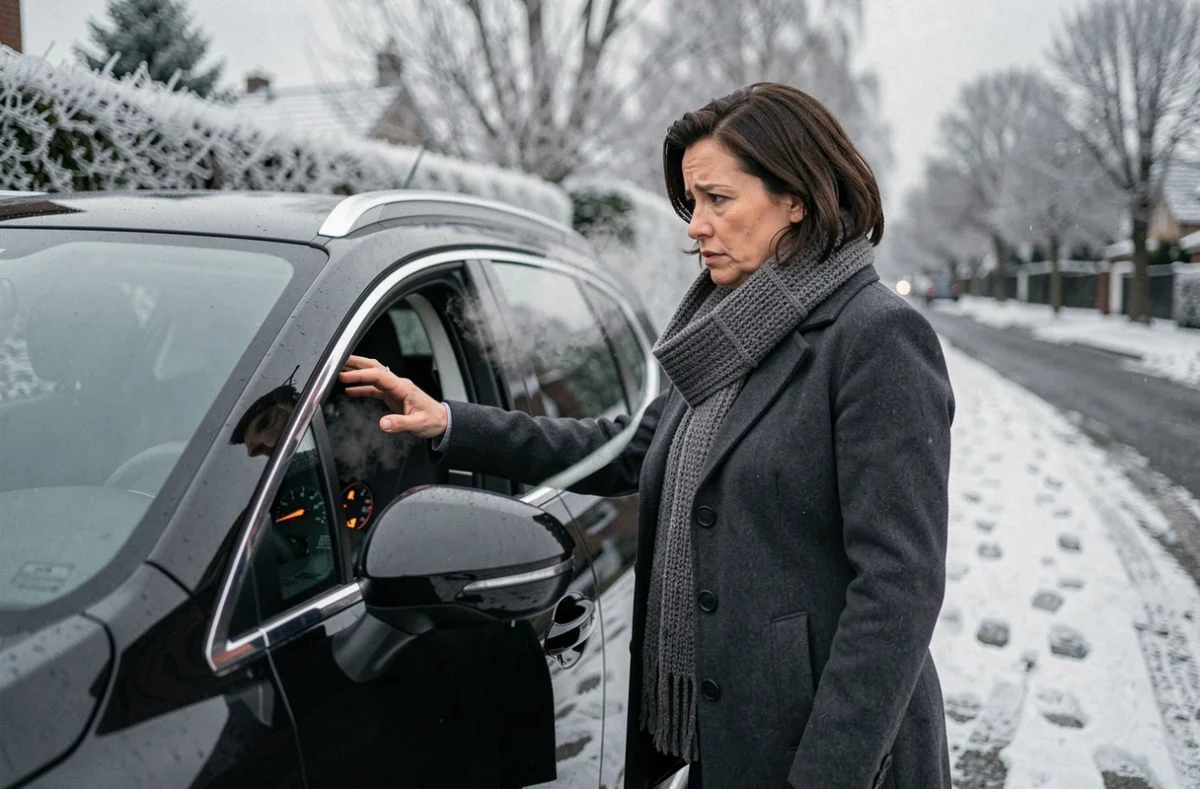 Femme face au voyant moteur allumé sur tableau de bord d'une Peugeot 3008 diesel par temps hivernal