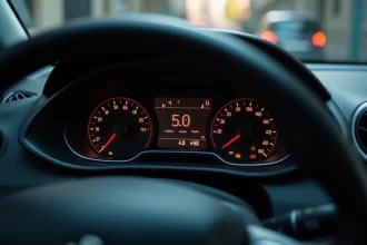 Voyants du tableau de bord d'une Peugeot 208 allumés, incluant des témoins lumineux orange et rouge sur le combiné d'instruments