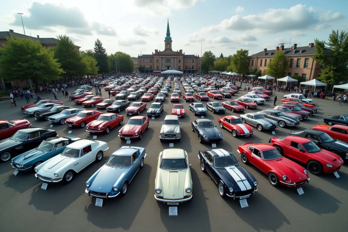 Vue aérienne d'un rassemblement de voitures de collection organisé sur un parking en milieu urbain pendant le week-end