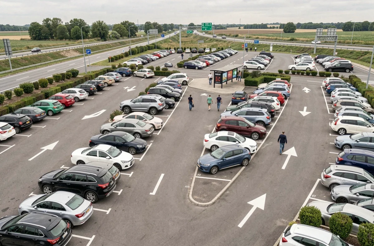 Vue large d'un parking de covoiturage Vinci Autoroutes avec rangées de voitures et navetteurs, idéal pour stationnement longue durée