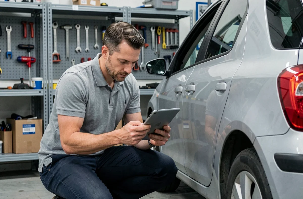 Expert automobile chez Xcar Estimation Grenoble inspectant une voiture d'occasion avec une tablette de diagnostic dans un atelier