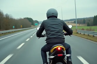 Yamaha MT-125 roulant sur autoroute française vue de derrière avec son pilote en tenue de moto