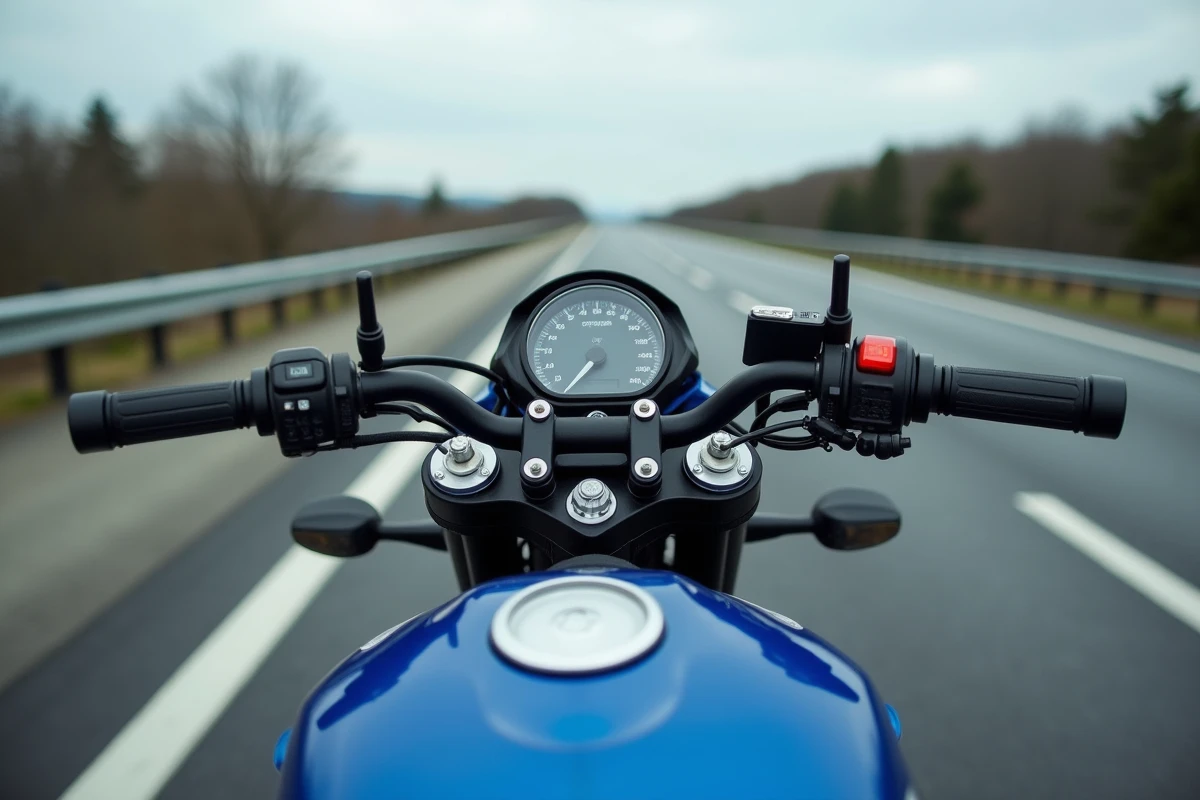 Yamaha MT-125 garée sur le bord d'une autoroute avec compteur de vitesse visible au premier plan