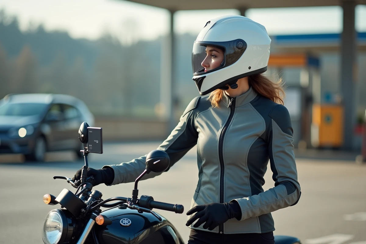 Jeune femme motarde avec une Yamaha MT-125 dans une aire d'autoroute consultant son GPS de moto